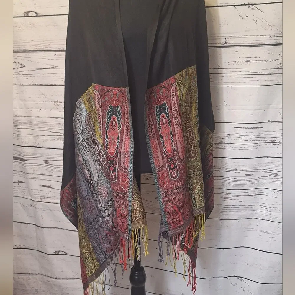 Cost Plus World Market Black & Paisley Fringe Rayon Wrap Scarf Shawl  #1324